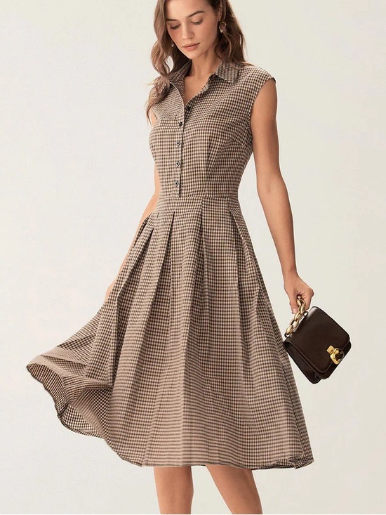 RIHOAS Dresses & Skirts - Rihoas NWT Brown Plaid Button Down Pleated Midi Dress S